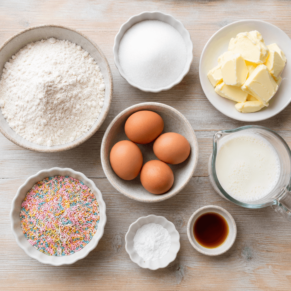 Funfetti Easter Cake Recipe with Pastel Sprinkles ingredients