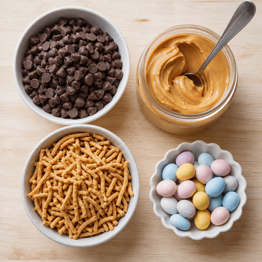 Delicious No Bake Chocolate Peanut Butter Nests ingredients