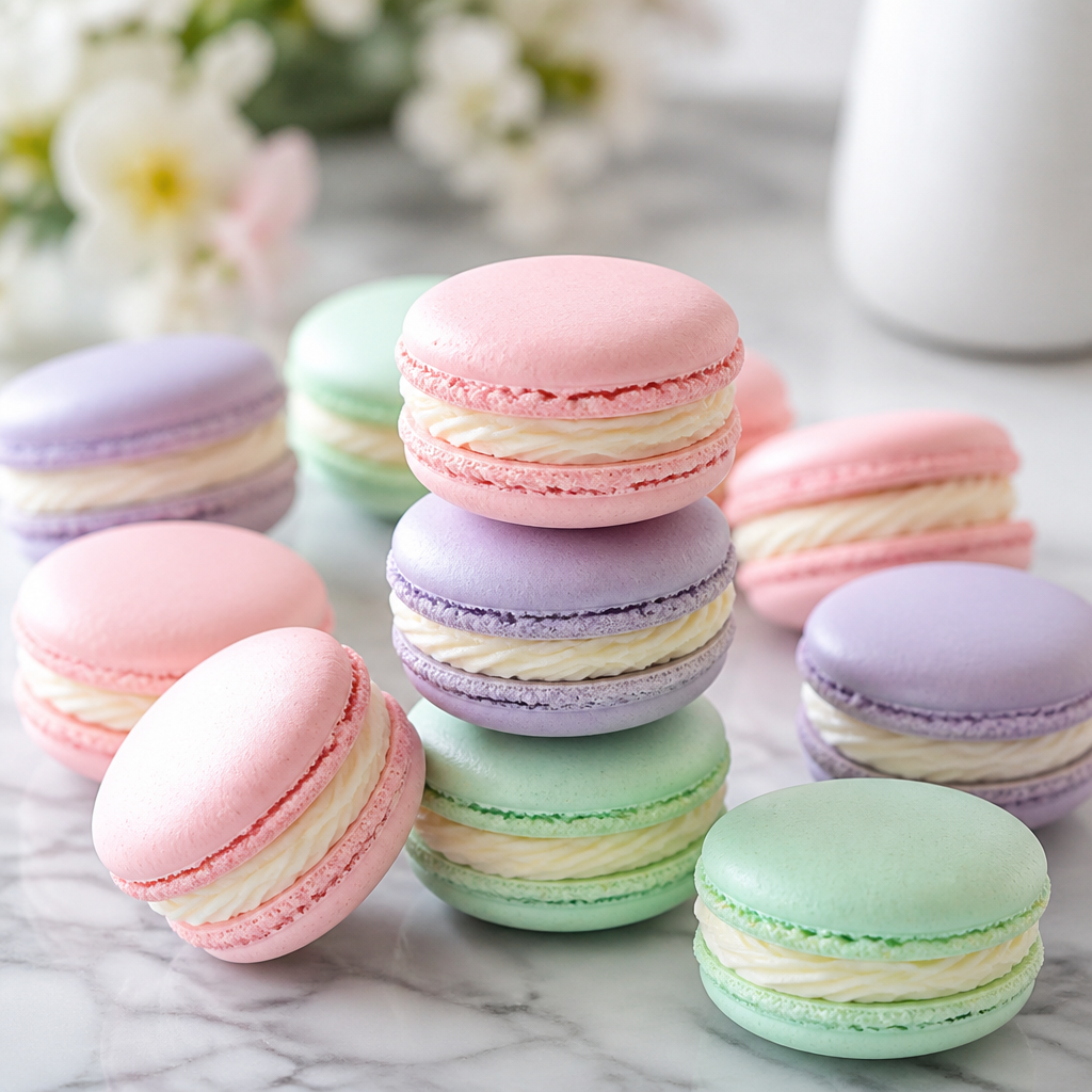 Delicate Pastel Macarons with Vanilla Buttercream Filling