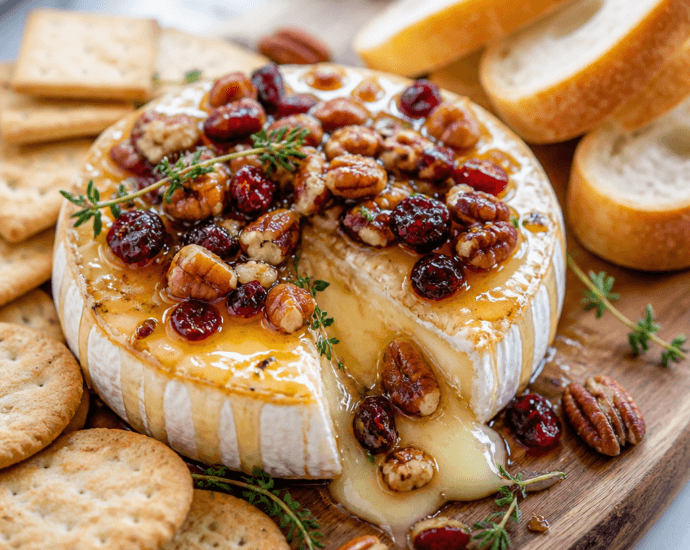 Delicious Honey Glazed Brie with Pecans and Cranberries