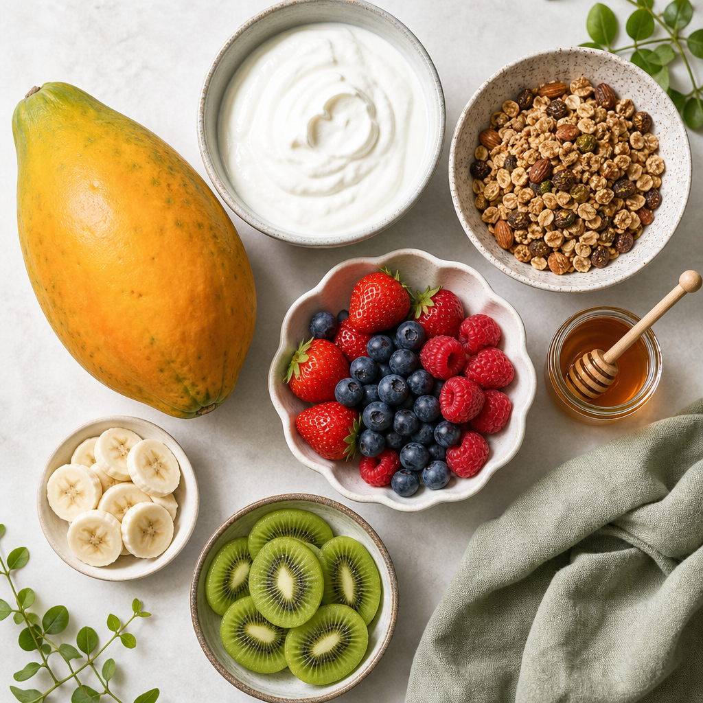 Papaya Boats with Yogurt and Granola ingredients
