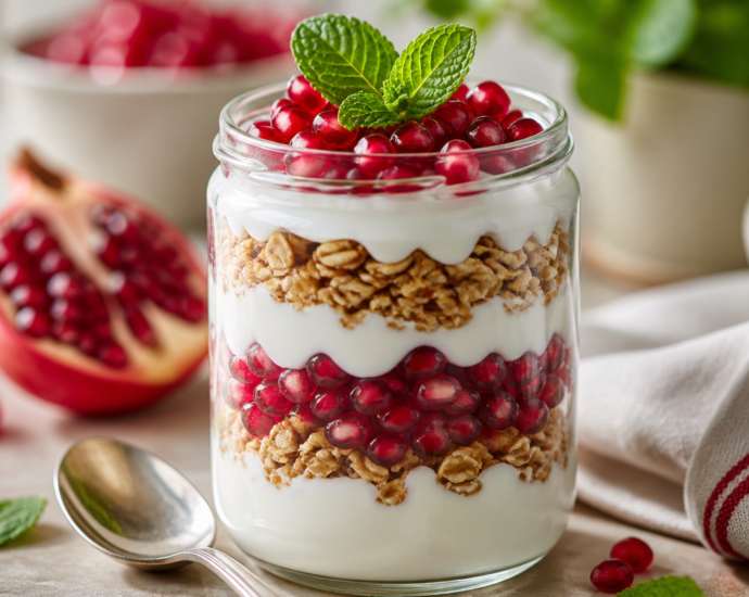 Fresh Pomegranate Yogurt Parfait with Crunchy Granola Layers