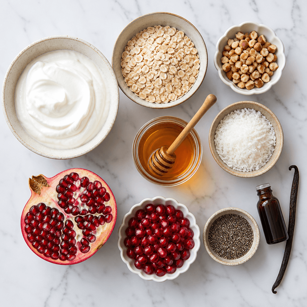 Fresh Pomegranate Yogurt Parfait with Crunchy Granola Layers ingredients