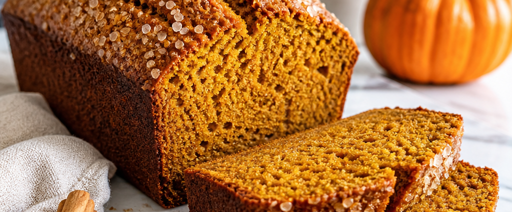 Moist pumpkin bread loaf sliced on a marble counter