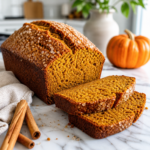 Moist pumpkin bread loaf sliced on a marble counter