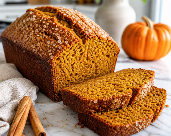 Moist pumpkin bread loaf sliced on a marble counter