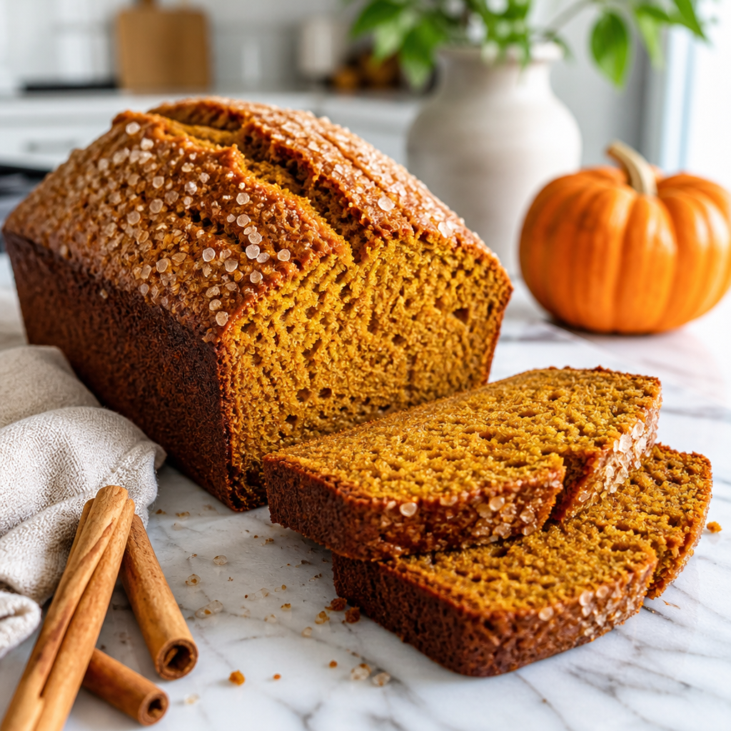 Moist pumpkin bread loaf sliced on a marble counter