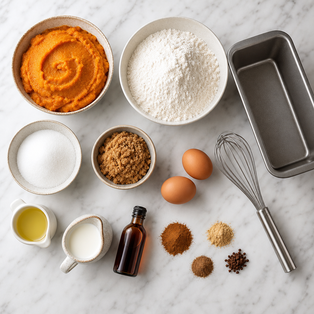 Pumpkin bread ingredients laid out on a marble counter