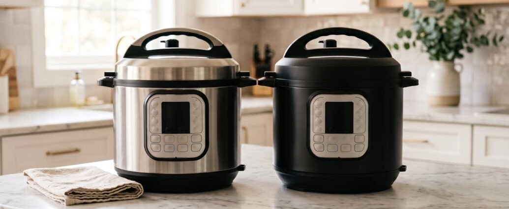 A stainless steel electric pressure cooker and a matte black one side by side on a marble counter