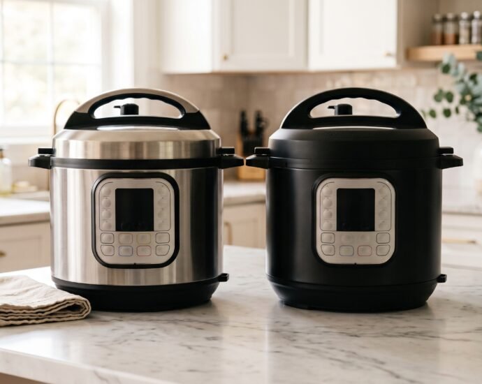 A stainless steel electric pressure cooker and a matte black one side by side on a marble counter