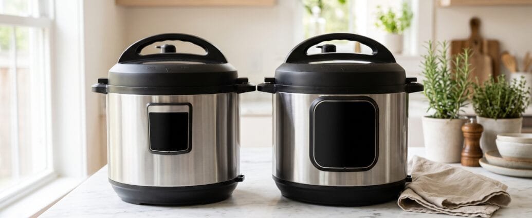 Two similar stainless steel electric pressure cookers side by side showing different control panel sizes