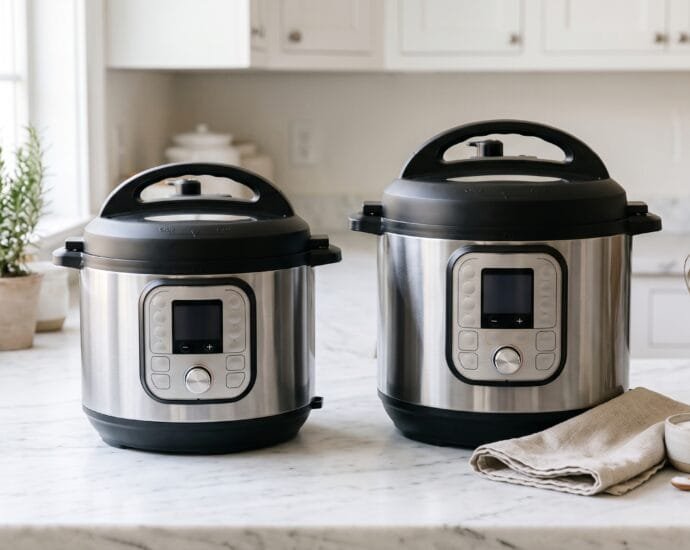 A smaller and a larger stainless steel electric pressure cooker side by side showing the size difference