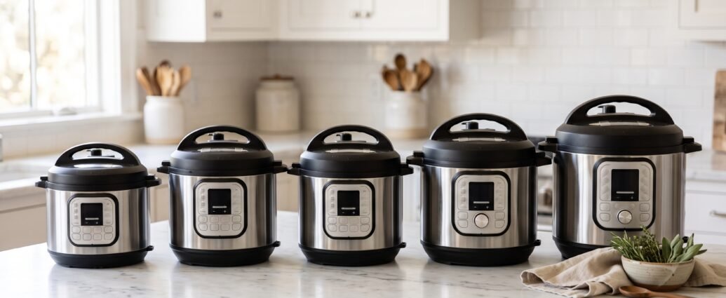 A lineup of five electric pressure cookers of varying sizes on a white marble kitchen counter