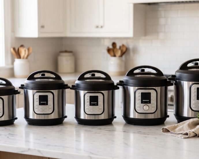 A lineup of five electric pressure cookers of varying sizes on a white marble kitchen counter