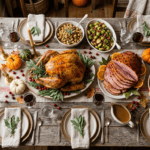 A festive Thanksgiving table spread with roasted turkey, glazed ham, and beef roast surrounded by autumn decorations