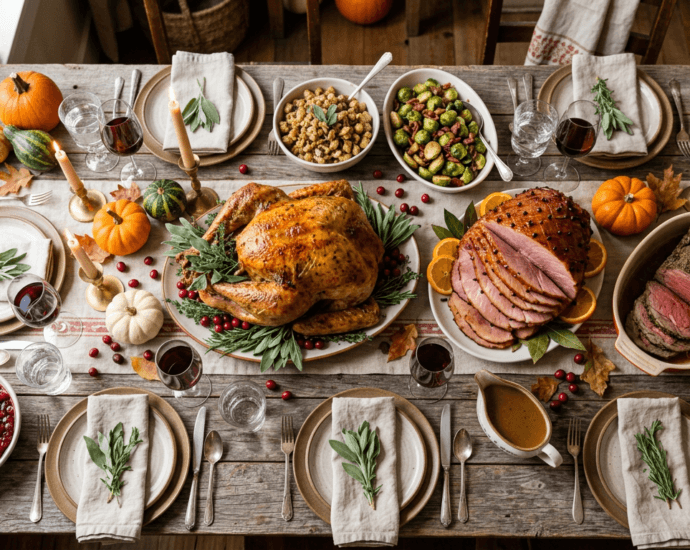 A festive Thanksgiving table spread with roasted turkey, glazed ham, and beef roast surrounded by autumn decorations