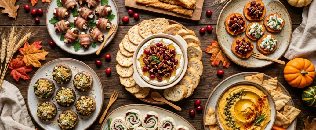 A spread of Thanksgiving appetizers including baked brie, charcuterie pinwheels, stuffed mushrooms, and pumpkin hummus