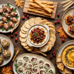 A spread of Thanksgiving appetizers including baked brie, charcuterie pinwheels, stuffed mushrooms, and pumpkin hummus
