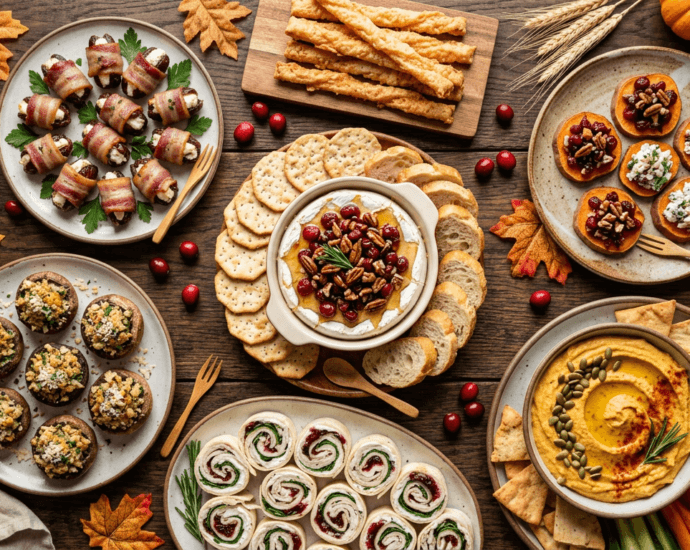 A spread of Thanksgiving appetizers including baked brie, charcuterie pinwheels, stuffed mushrooms, and pumpkin hummus