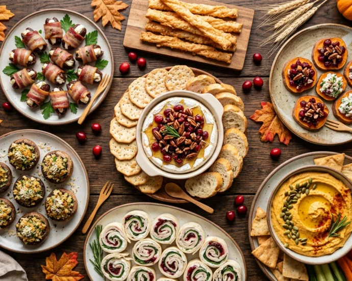 A spread of Thanksgiving appetizers including baked brie, charcuterie pinwheels, stuffed mushrooms, and pumpkin hummus