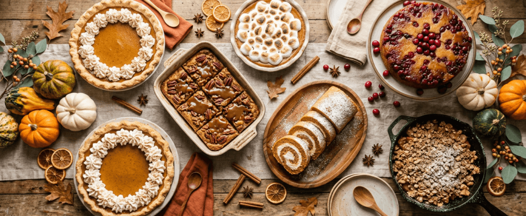 An overhead spread of classic Thanksgiving desserts including pumpkin pie, pecan pie bars, and apple crisp
