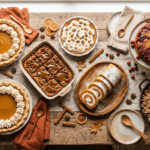 An overhead spread of classic Thanksgiving desserts including pumpkin pie, pecan pie bars, and apple crisp