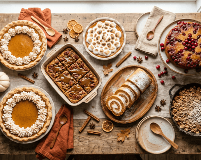 An overhead spread of classic Thanksgiving desserts including pumpkin pie, pecan pie bars, and apple crisp