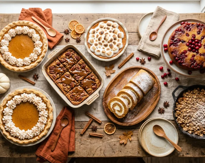 An overhead spread of classic Thanksgiving desserts including pumpkin pie, pecan pie bars, and apple crisp
