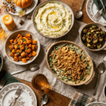 A spread of classic Thanksgiving side dishes including mashed potatoes, green bean casserole, stuffing, and roasted vegetables