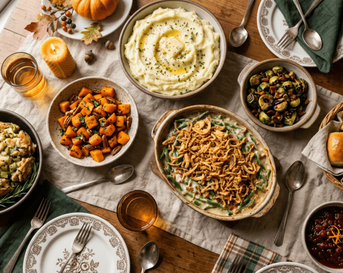 A spread of classic Thanksgiving side dishes including mashed potatoes, green bean casserole, stuffing, and roasted vegetables