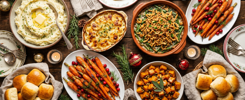 Festive overhead spread of Christmas side dishes on a holiday table
