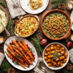 Festive overhead spread of Christmas side dishes on a holiday table