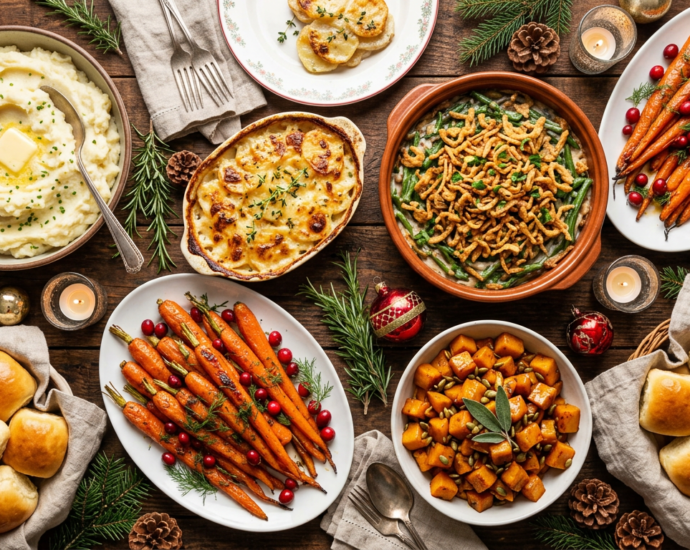 Festive overhead spread of Christmas side dishes on a holiday table
