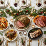 A festive overhead spread of Christmas dinner main dishes including prime rib, glazed ham, and roasts