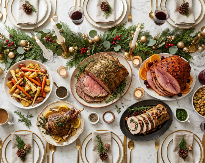 A festive overhead spread of Christmas dinner main dishes including prime rib, glazed ham, and roasts