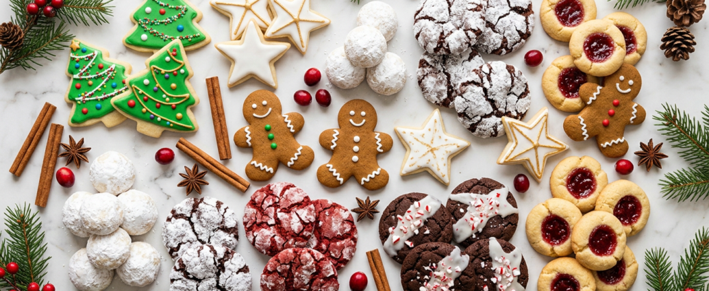 An overhead spread of assorted Christmas cookies including decorated sugar cookies, gingerbread men, crinkle cookies, and snowball cookies