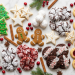 An overhead spread of assorted Christmas cookies including decorated sugar cookies, gingerbread men, crinkle cookies, and snowball cookies