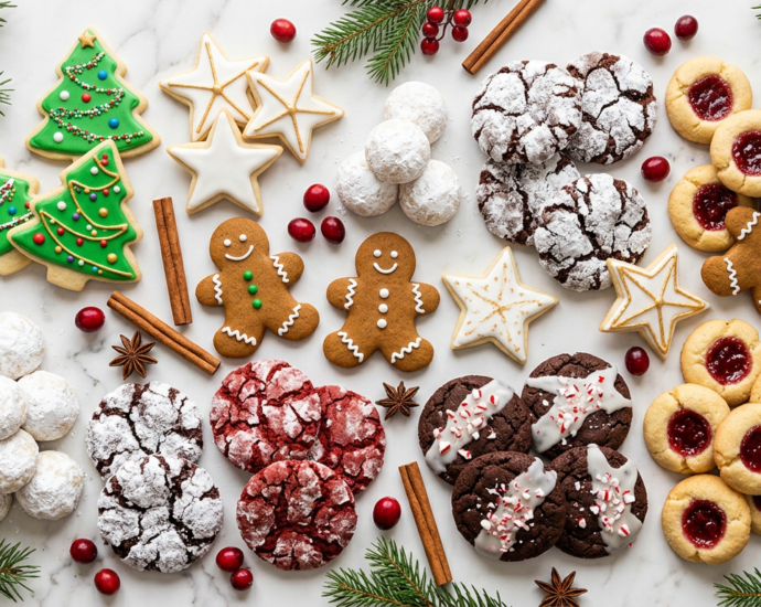 An overhead spread of assorted Christmas cookies including decorated sugar cookies, gingerbread men, crinkle cookies, and snowball cookies