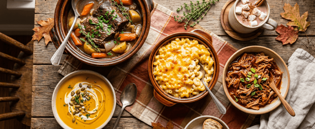 An overhead spread of cozy slow cooker dishes including pot roast, butternut squash soup, mac and cheese, and pulled pork