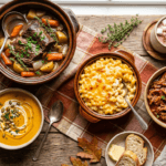 An overhead spread of cozy slow cooker dishes including pot roast, butternut squash soup, mac and cheese, and pulled pork