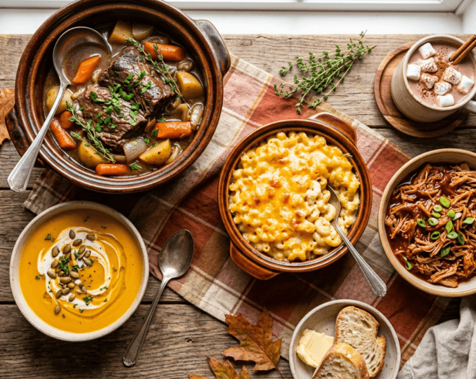 An overhead spread of cozy slow cooker dishes including pot roast, butternut squash soup, mac and cheese, and pulled pork