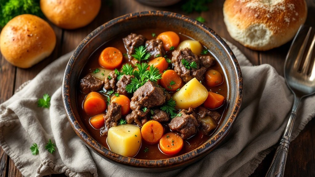 A bowl of beef stew with chunks of meat, potatoes, and carrots served with fresh bread.