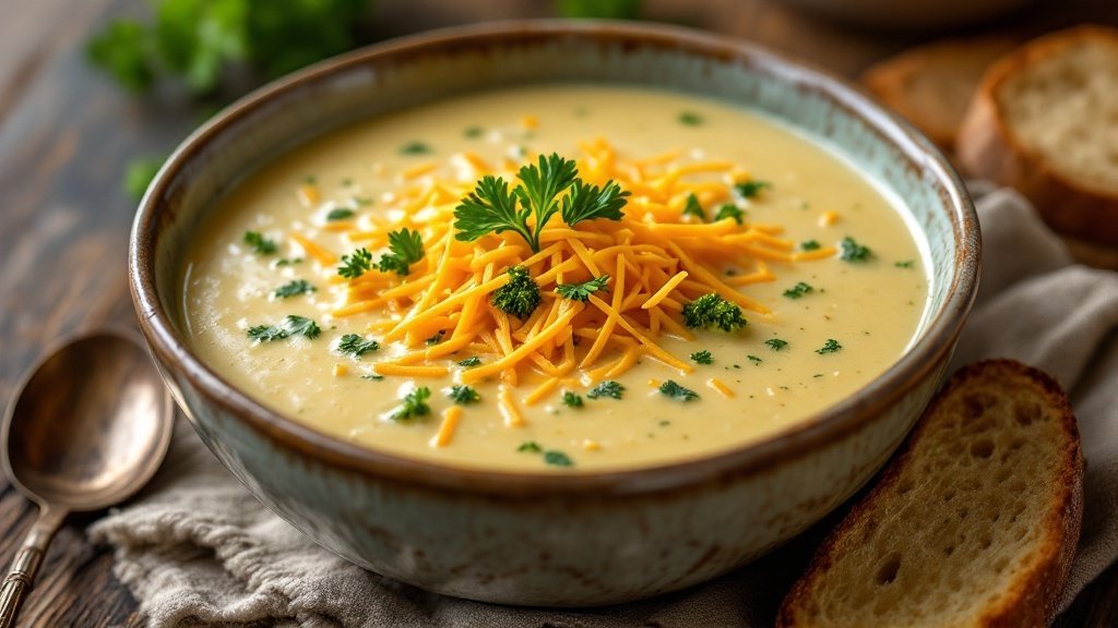 A bowl of broccoli cheddar soup topped with shredded cheese and parsley, alongside slices of bread.