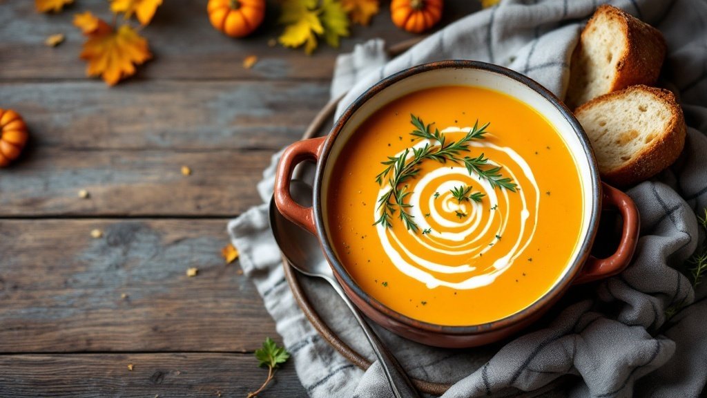 A bowl of vibrant butternut squash soup garnished with cream and herbs, accompanied by rustic bread.