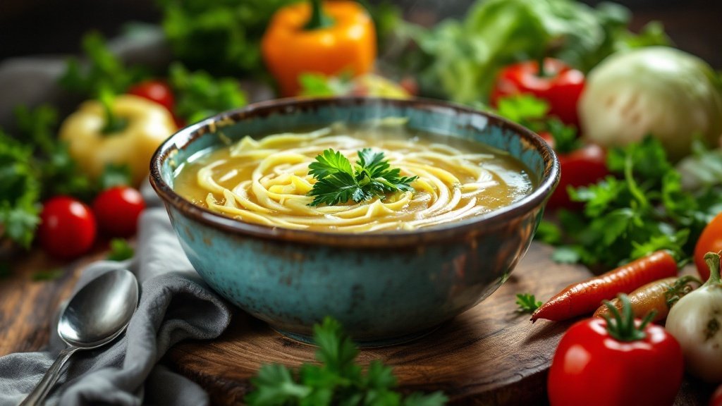 A bowl of cabbage soup with noodles, surrounded by colorful vegetables
