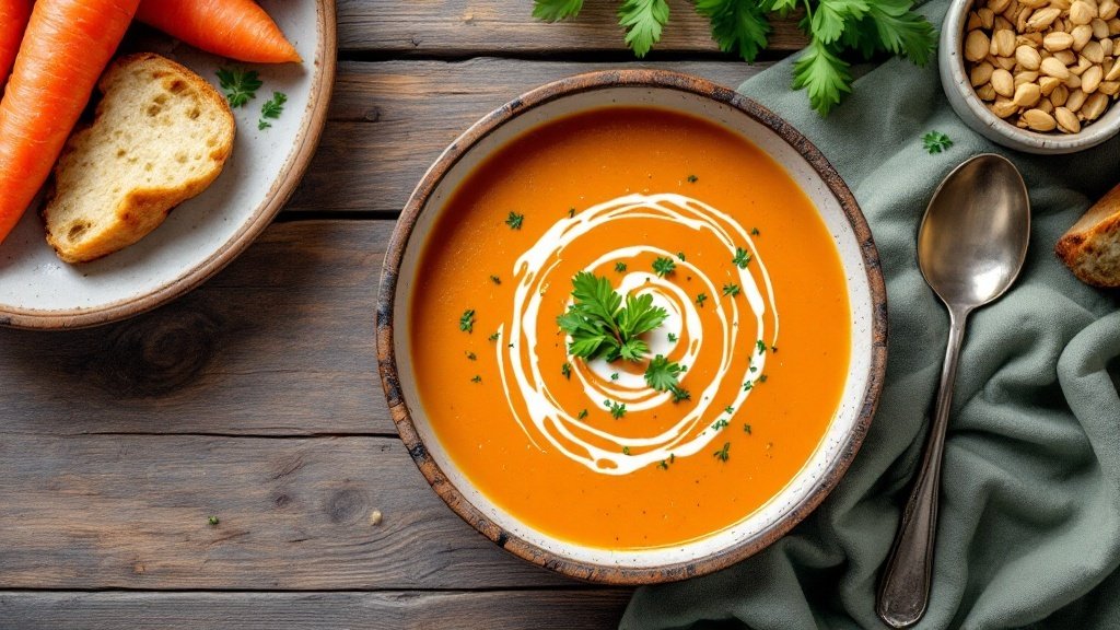 A bowl of carrot ginger soup topped with cream and parsley, surrounded by fresh carrots and bread.