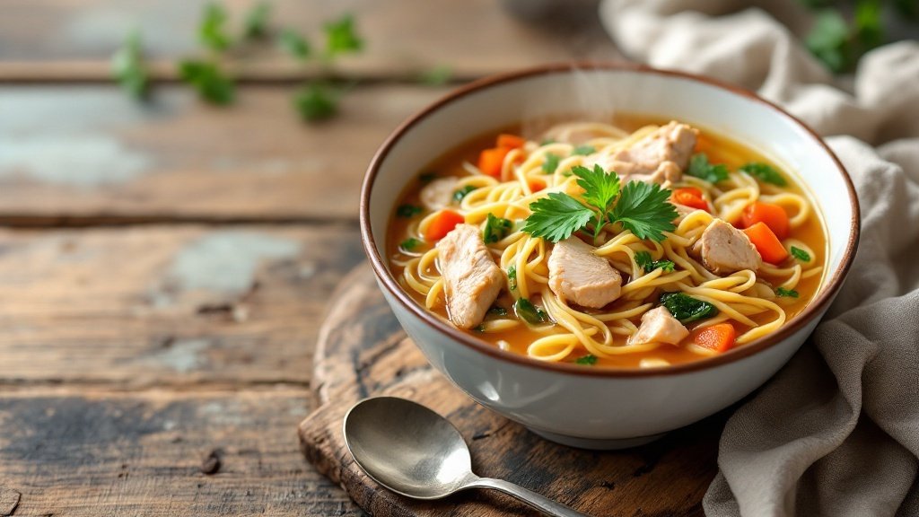 A bowl of chicken noodle soup with noodles, chicken, and vegetables.