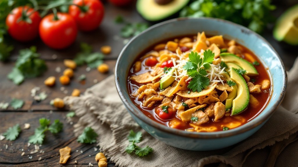 A bowl of Chicken Tortilla Soup with avocado slices, cilantro, and tortilla strips, surrounded by fresh ingredients.