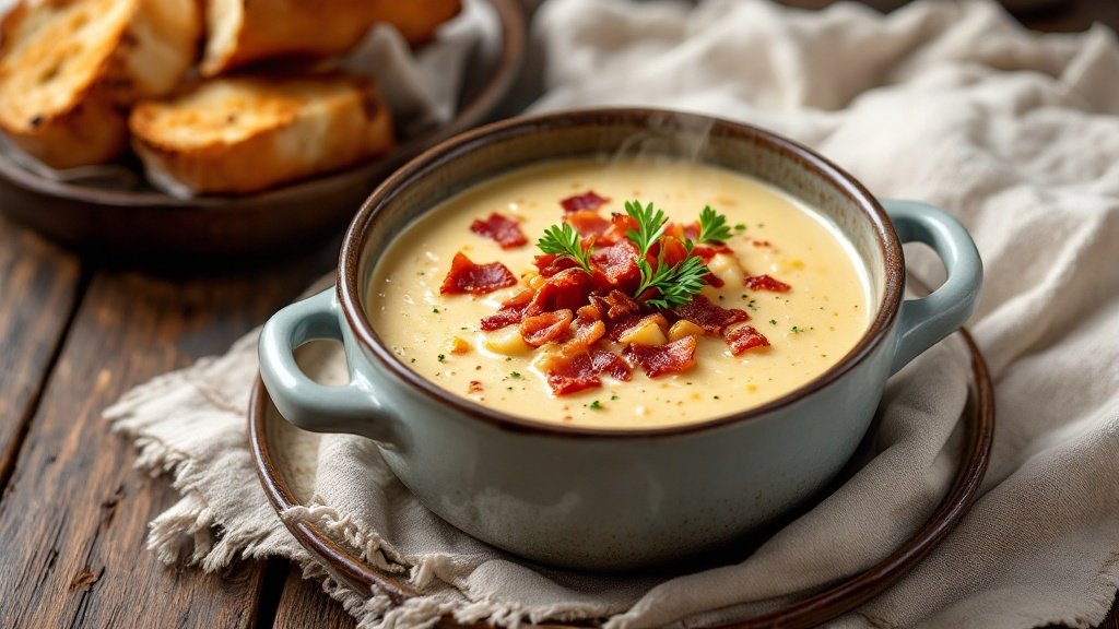 A bowl of clam chowder topped with bacon and parsley, with crispy bread on the side.