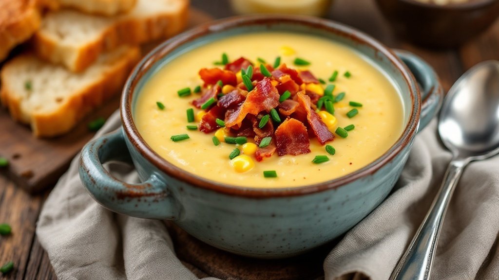 A bowl of corn chowder topped with bacon and chives, with slices of bread in the background.